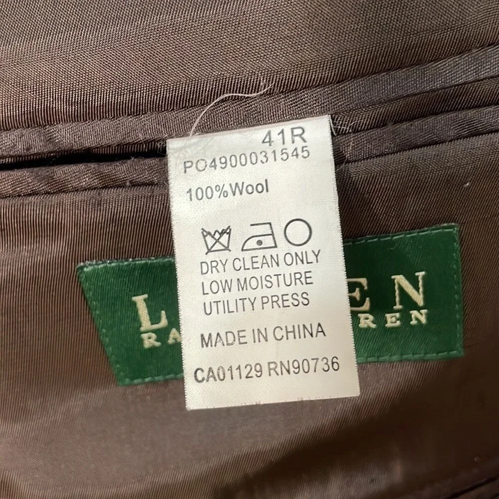 Lauren Ralph Lauren‎ Two Button 100% Wool Blazer Sports Coat Brown Mens Size 41R